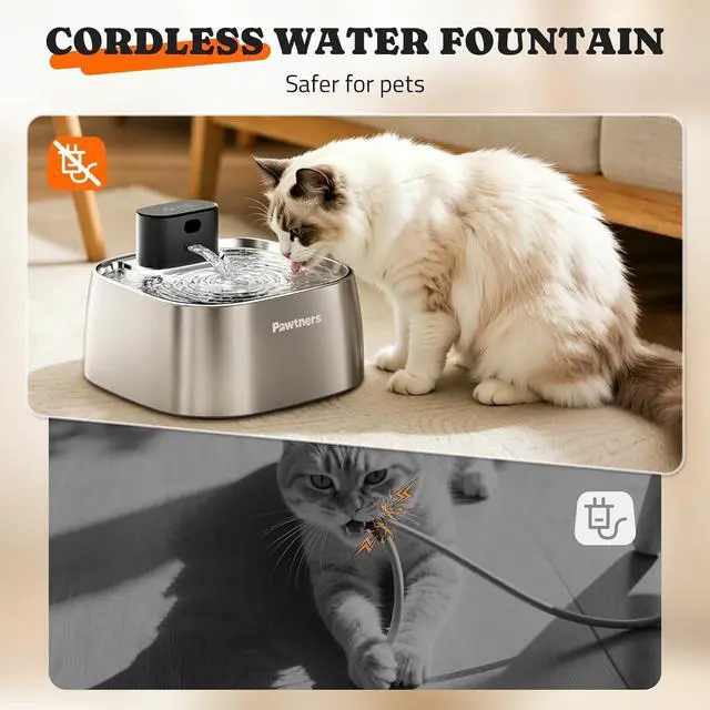 Alt view image 4 of 7 - Pawtners Pumpless Cat Water Fountain Stainless Steel 108oz/3.2L, 3 Modes | Automatic Cordless Pet Water Dispenser,Easy Clean,Silent Smart Host,150°Sensor,Motion/Timed/Continuous Mode