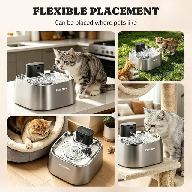 Alt view image 5 of 7 - Pawtners Pumpless Cat Water Fountain Stainless Steel 108oz/3.2L, 3 Modes | Automatic Cordless Pet Water Dispenser,Easy Clean,Silent Smart Host,150°Sensor,Motion/Timed/Continuous Mode