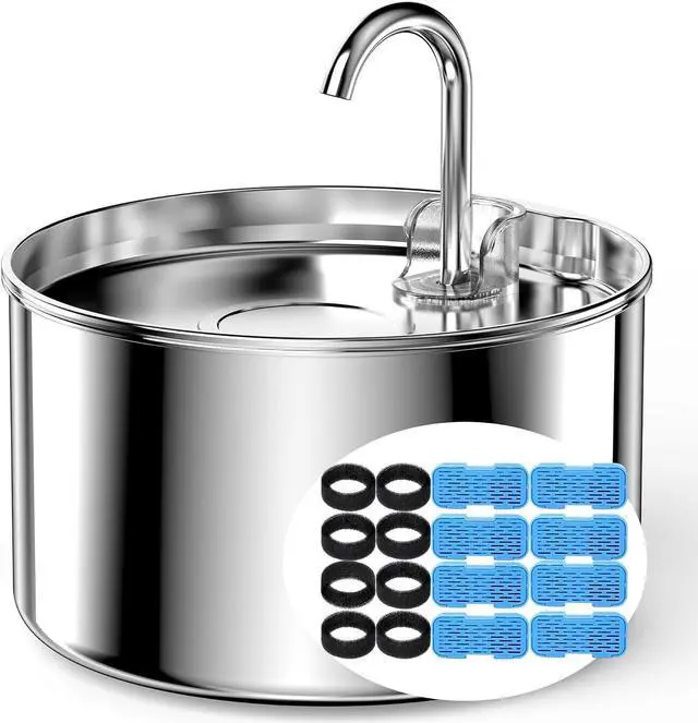 Main image of Cat Water Fountain Stainless Steel + 8 filters + 8 Sponges - Pet Water Fountains Faucet Metal Automatic Cat/Dog Waterer Bowls Pets Watering Running Bottle Water Dispenser for Drinking Ultra Quiet Pump