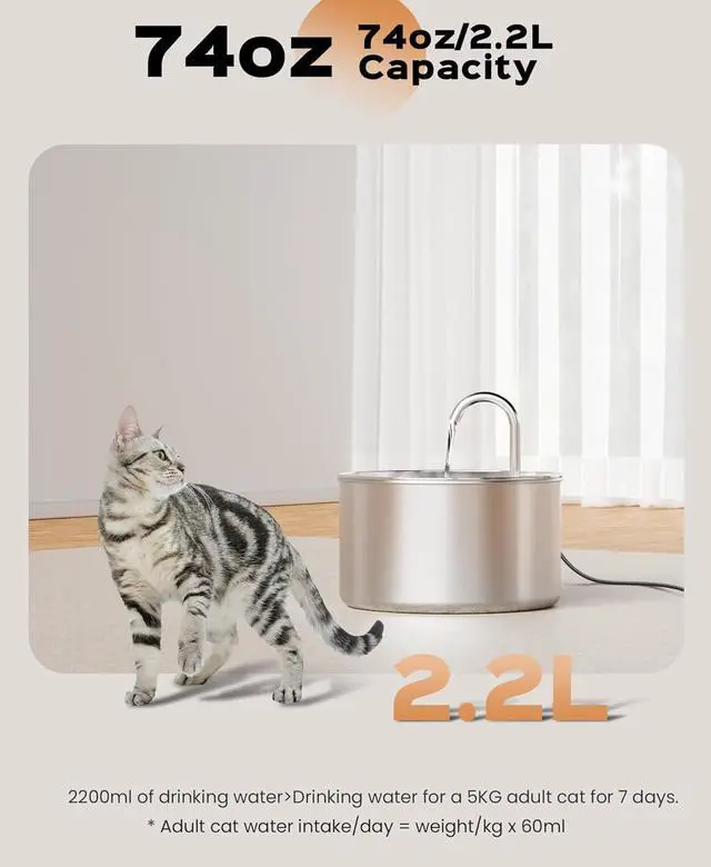 Alt view image 7 of 7 - Cat Water Fountain Stainless Steel + 8 filters + 8 Sponges - Pet Water Fountains Faucet Metal Automatic Cat/Dog Waterer Bowls Pets Watering Running Bottle Water Dispenser for Drinking Ultra Quiet Pump
