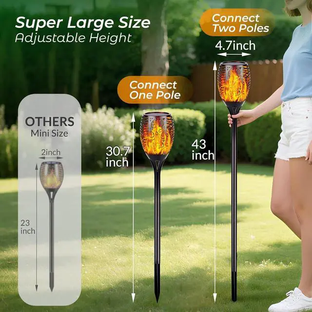 Alt view image 4 of 7 - Walensee Solar Lights Outdoor with Flickering Flame,96 LED Solar Torch Lights Waterproof,43" Tall Super Larger Size Torches for Outside Garden Patio Yard Pathway, 6 Pack