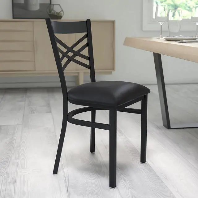 Alt view image 2 of 7 - Flash Furniture Hercules Series "X" Back Metal Restaurant Chairs, Modern Upholstered Armless Dining Chairs for Restaurants/Kitchens, Set of 2, Black