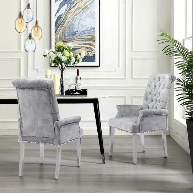 Alt view image 2 of 7 - LOULENS Velvet Dining Chairs Set of 2, Dining Chairs with Arms, Grey | Upholstered, High Back, Tufted, Luxurious, Stainless Steel Leg, for Kitchen & Dining Room