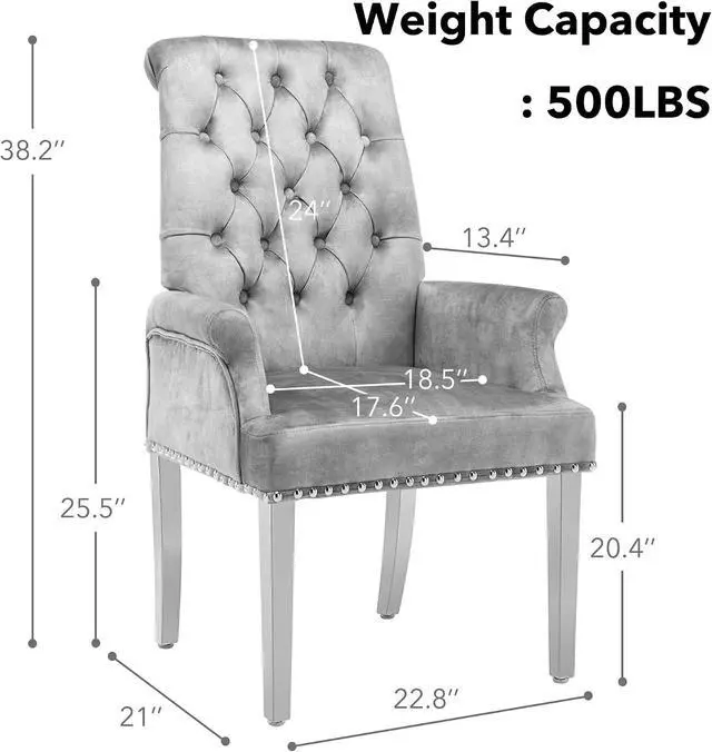Alt view image 3 of 7 - LOULENS Velvet Dining Chairs Set of 2, Dining Chairs with Arms, Grey | Upholstered, High Back, Tufted, Luxurious, Stainless Steel Leg, for Kitchen & Dining Room
