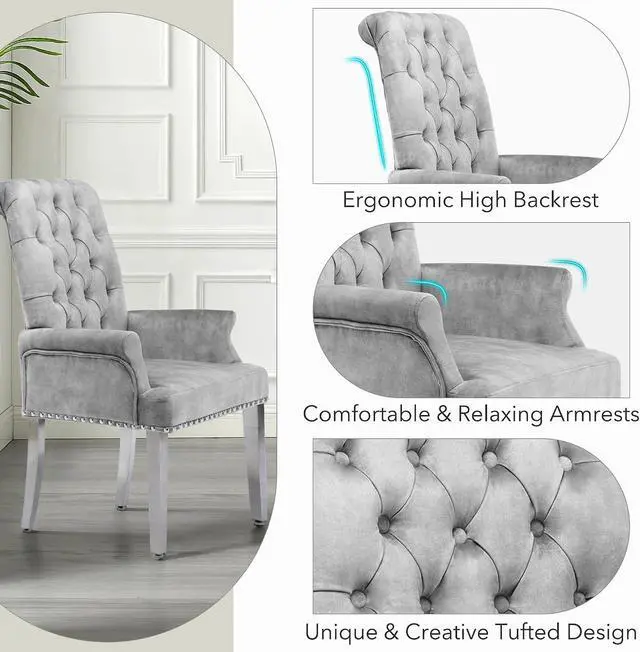 Alt view image 4 of 7 - LOULENS Velvet Dining Chairs Set of 2, Dining Chairs with Arms, Grey | Upholstered, High Back, Tufted, Luxurious, Stainless Steel Leg, for Kitchen & Dining Room