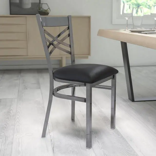 Alt view image 2 of 7 - Flash Furniture Hercules Metal Clear Coat Restaurant Chair, Black | X Back Style, Vinyl Upholstery, Durable Construction, Commercial Use