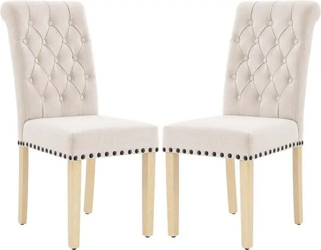 Main image of LOULENS Fabric Dining Chairs Set of 2, Upholstered Kitchen Chairs, Beige | Linen, Solid Wood Legs, Parson Chairs, Nailheads Trim, Tufted, Kitchen & Dining Room