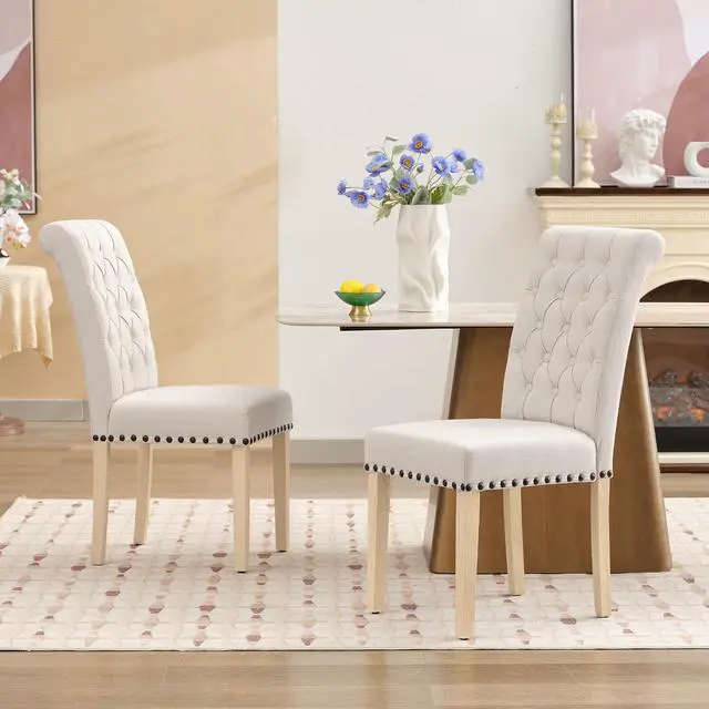 Alt view image 2 of 7 - LOULENS Fabric Dining Chairs Set of 2, Upholstered Kitchen Chairs, Beige | Linen, Solid Wood Legs, Parson Chairs, Nailheads Trim, Tufted, Kitchen & Dining Room