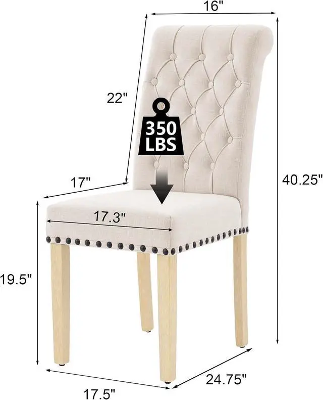 Alt view image 3 of 7 - LOULENS Fabric Dining Chairs Set of 2, Upholstered Kitchen Chairs, Beige | Linen, Solid Wood Legs, Parson Chairs, Nailheads Trim, Tufted, Kitchen & Dining Room