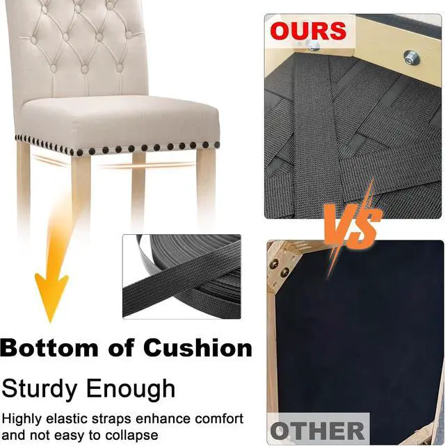 Alt view image 5 of 7 - LOULENS Fabric Dining Chairs Set of 2, Upholstered Kitchen Chairs, Beige | Linen, Solid Wood Legs, Parson Chairs, Nailheads Trim, Tufted, Kitchen & Dining Room