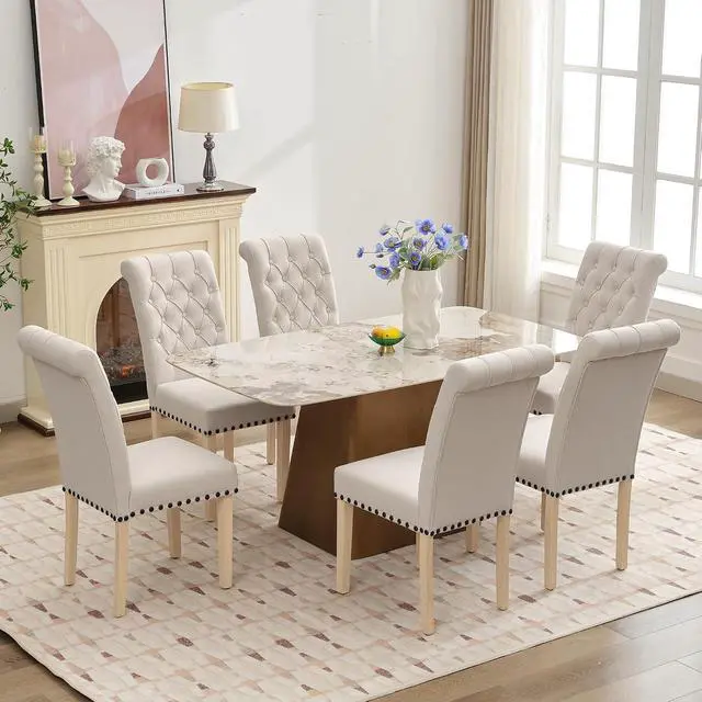 Alt view image 6 of 7 - LOULENS Fabric Dining Chairs Set of 2, Upholstered Kitchen Chairs, Beige | Linen, Solid Wood Legs, Parson Chairs, Nailheads Trim, Tufted, Kitchen & Dining Room