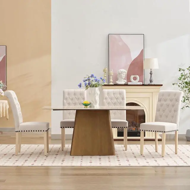Alt view image 7 of 7 - LOULENS Fabric Dining Chairs Set of 2, Upholstered Kitchen Chairs, Beige | Linen, Solid Wood Legs, Parson Chairs, Nailheads Trim, Tufted, Kitchen & Dining Room