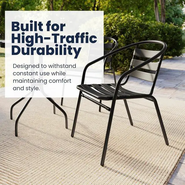 Alt view image 5 of 7 - Flash Furniture Lila 23.5'' Square Glass Metal Table with 2 Black Metal Aluminum Slat Stack Chairs | Durable Construction, Commercial Use