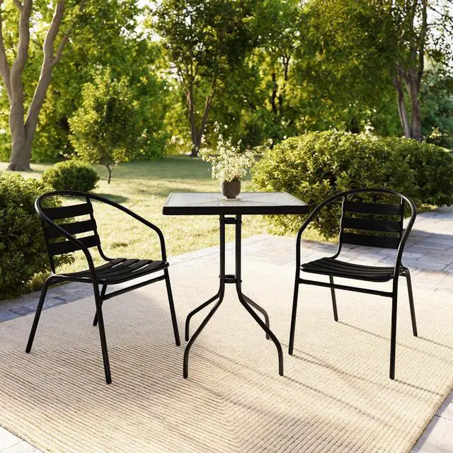 Alt view image 6 of 7 - Flash Furniture Lila 23.5'' Square Glass Metal Table with 2 Black Metal Aluminum Slat Stack Chairs | Durable Construction, Commercial Use