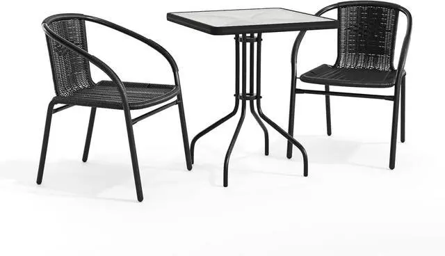 Main image of Flash Furniture Lila 23.5'' Square Glass Metal Table with 2 Black Rattan Stack Chairs | Durable Construction, Commercial Use