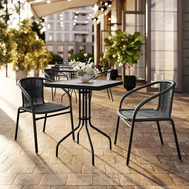 Alt view image 2 of 7 - Flash Furniture Lila 23.5'' Square Glass Metal Table with 2 Black Rattan Stack Chairs | Durable Construction, Commercial Use