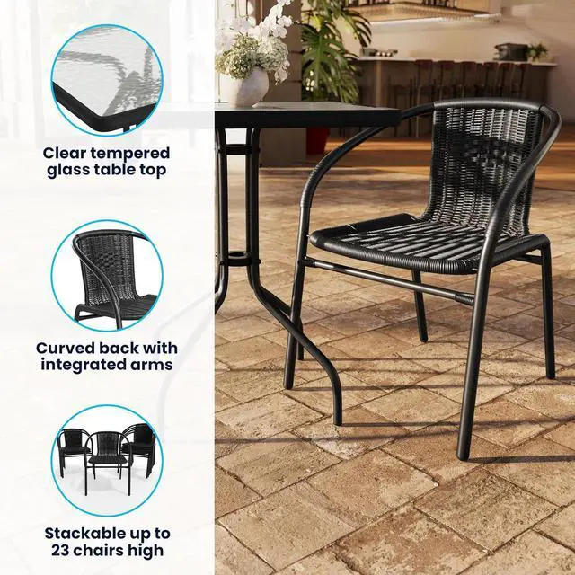 Alt view image 3 of 7 - Flash Furniture Lila 23.5'' Square Glass Metal Table with 2 Black Rattan Stack Chairs | Durable Construction, Commercial Use