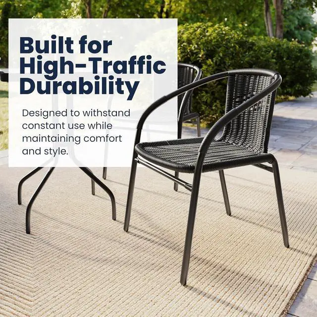 Alt view image 5 of 7 - Flash Furniture Lila 23.5'' Square Glass Metal Table with 2 Black Rattan Stack Chairs | Durable Construction, Commercial Use