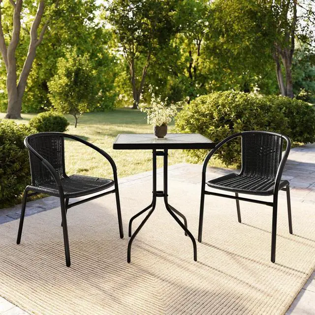 Alt view image 6 of 7 - Flash Furniture Lila 23.5'' Square Glass Metal Table with 2 Black Rattan Stack Chairs | Durable Construction, Commercial Use