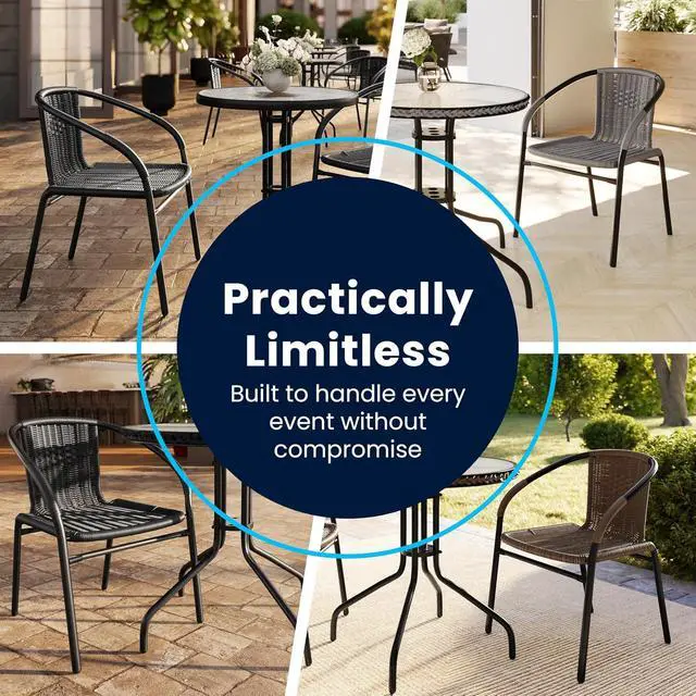 Alt view image 7 of 7 - Flash Furniture Lila 23.5'' Square Glass Metal Table with 2 Black Rattan Stack Chairs | Durable Construction, Commercial Use