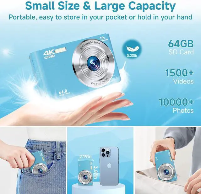 Alt view image 5 of 7 - SMARTKLIK Digital Camera for Teens, FHD 4K 44MP with 64GB SD Card, 16X Digital Zoom, Compact Point Shoot Camera Blue