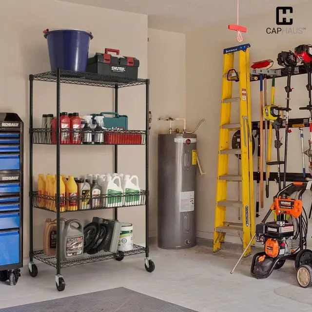 Alt view image 2 of 7 - CAPHAUS NSF Commercial Heavy Duty 4 Tier Wire Shelving w/Two Rectangle Baskets, Wheels, Leveling Feet, Storage Metal Shelf, Basement Garage Shelving, Utility Wire Rack Storage Black