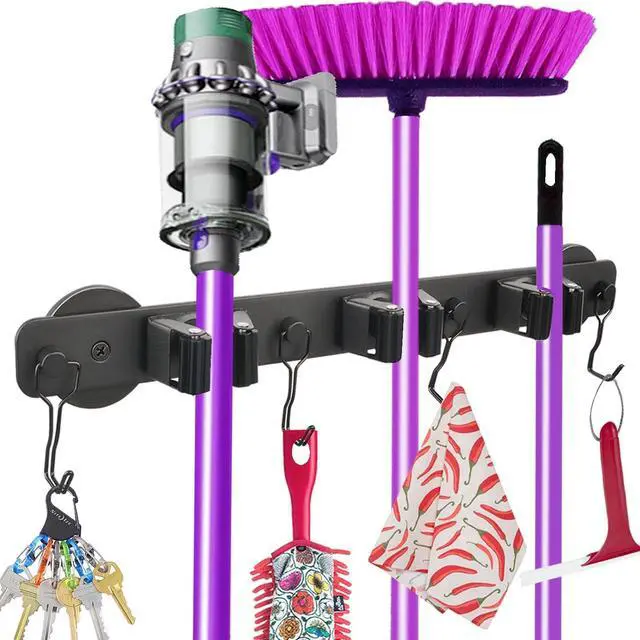 Main image of Heavy Duty Magnetic Mop Broom Holder with Swivel Hooks | Strong Magnet Mount Tool Hanger Organize System Utility Rack for Refrigerators Laundry Garage Kitchen