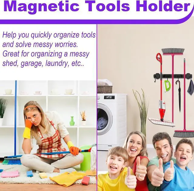 Alt view image 2 of 7 - Heavy Duty Magnetic Mop Broom Holder with Swivel Hooks | Strong Magnet Mount Tool Hanger Organize System Utility Rack for Refrigerators Laundry Garage Kitchen