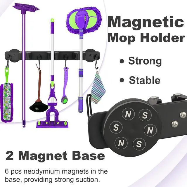 Alt view image 3 of 7 - Heavy Duty Magnetic Mop Broom Holder with Swivel Hooks | Strong Magnet Mount Tool Hanger Organize System Utility Rack for Refrigerators Laundry Garage Kitchen