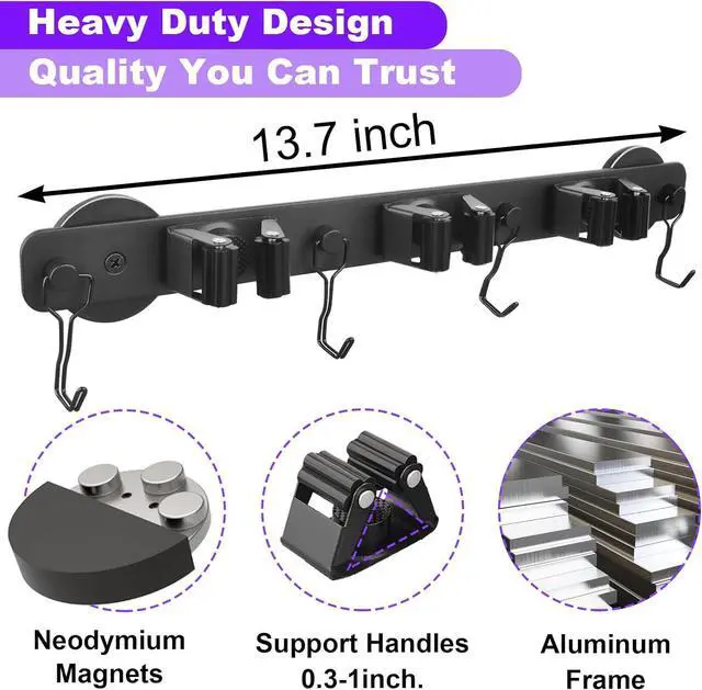 Alt view image 5 of 7 - Heavy Duty Magnetic Mop Broom Holder with Swivel Hooks | Strong Magnet Mount Tool Hanger Organize System Utility Rack for Refrigerators Laundry Garage Kitchen