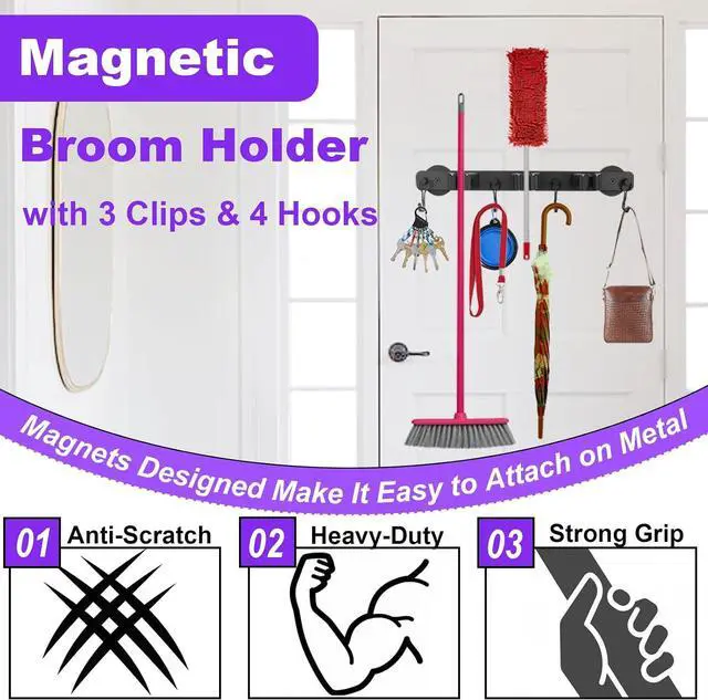 Alt view image 4 of 7 - Heavy Duty Magnetic Mop Broom Holder with Swivel Hooks | Strong Magnet Mount Tool Hanger Organize System Utility Rack for Refrigerators Laundry Garage Kitchen