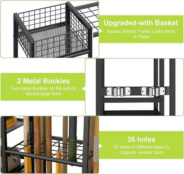 Alt view image 2 of 7 - Garden Tool Organizer with Basket, 3-Tier Yard Storage Rack for Garage