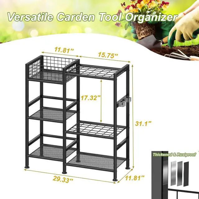 Alt view image 3 of 7 - Garden Tool Organizer with Basket, 3-Tier Yard Storage Rack for Garage