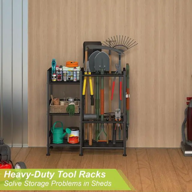 Alt view image 5 of 7 - Garden Tool Organizer with Basket, 3-Tier Yard Storage Rack for Garage