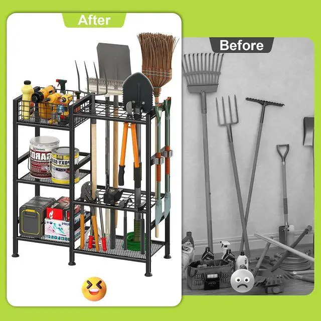 Alt view image 6 of 7 - Garden Tool Organizer with Basket, 3-Tier Yard Storage Rack for Garage