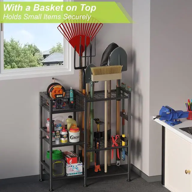 Alt view image 7 of 7 - Garden Tool Organizer with Basket, 3-Tier Yard Storage Rack for Garage