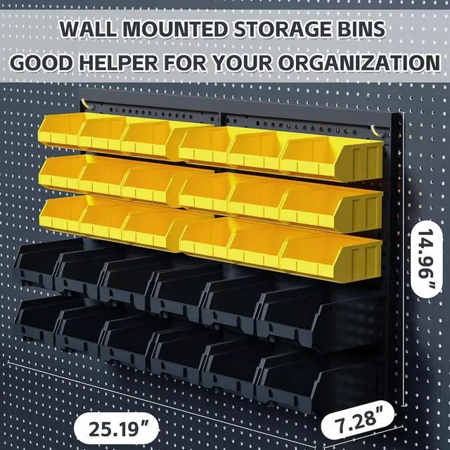 Alt view image 2 of 6 - KJE 30PCS Wall Mounted Storage Bins, Plastic Tool Organizer for Garage Storage, Screws, Nuts, Bolts, Small Hardware Parts -Black, Yellow