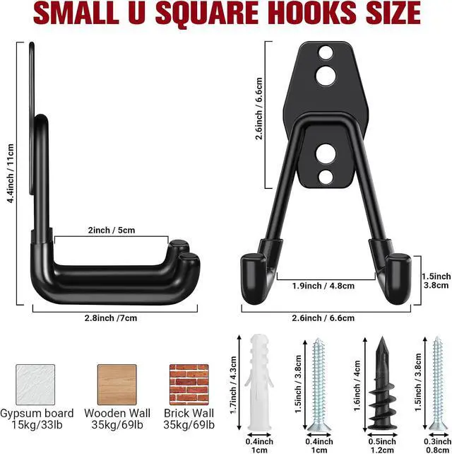 Alt view image 2 of 7 - Garage Hooks Heavy Duty, 12 Pack Black Metal U Square Organizing Hooks for Hanging Heavy Duty, Bike Ladder Hangers, Iron Rust-Proof Screw-in Utility System Tool Organizer Wall Storage