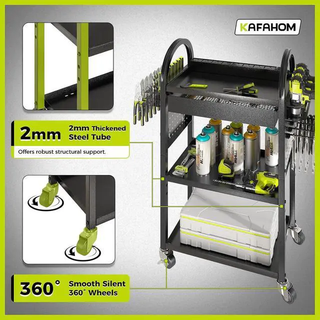 Alt view image 4 of 6 - KAFAHOM Power Tool Cart with Charging Station, Rolling Cart with Drawer, Heavy Duty Power Tool Organizer with 360 Silent Wheels, Storage for Garage, Warehouse & Repair Shop