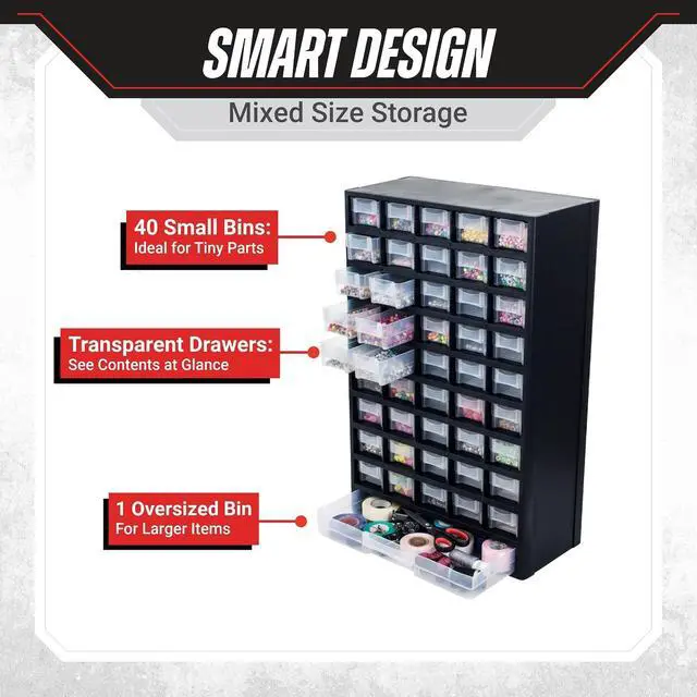 Alt view image 3 of 6 - Storage Bin with Drawers - 41-Drawer Plastic Tool Organizer - Hardware or Craft Cabinet for Storing Beads, Toys, or Nuts and Bolts by Stalwart (Black)