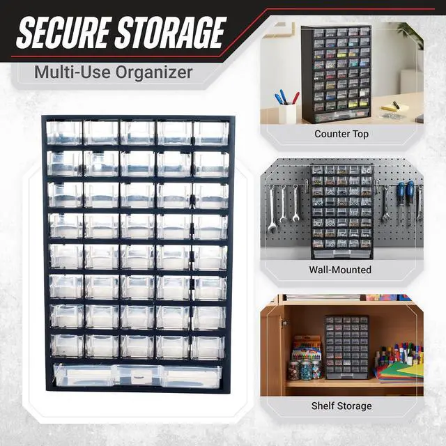 Alt view image 4 of 6 - Storage Bin with Drawers - 41-Drawer Plastic Tool Organizer - Hardware or Craft Cabinet for Storing Beads, Toys, or Nuts and Bolts by Stalwart (Black)