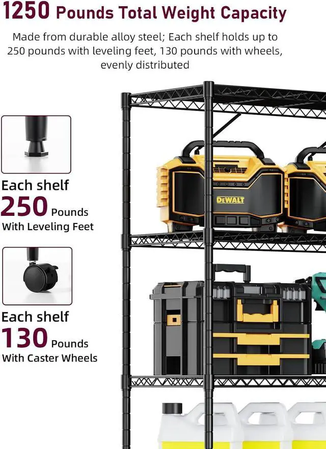 Alt view image 5 of 7 - YSSOA 5-Tier Heavy Duty Storage Shelving Unit, 1250 Lbs Loading Capacity, 29.92" W x 13.98" D x 61.02" H, Black