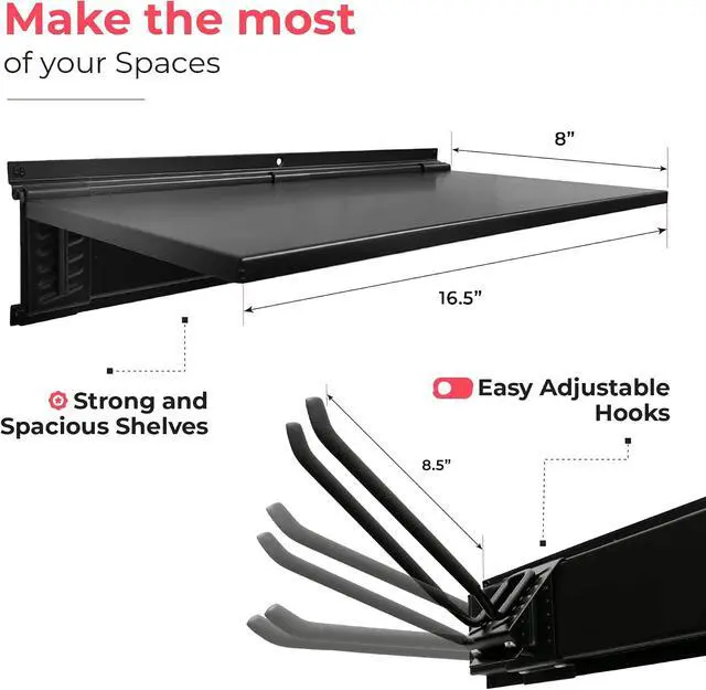 Alt view image 6 of 7 - TIDYME Garage Tool Organizer Wall Mount 64", 2 Shelves & 4 Single Hooks