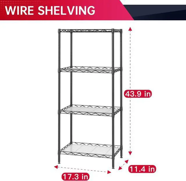 Alt view image 3 of 7 - BestOffice 4-Shelf Adjustable Storage Shelving Unit Metal Rack Wire Shelf 600Lbs Capacity with 4 PP Sheets 18L x 12W x 44H for Laundry Bathroom Kitchen Garage,Black