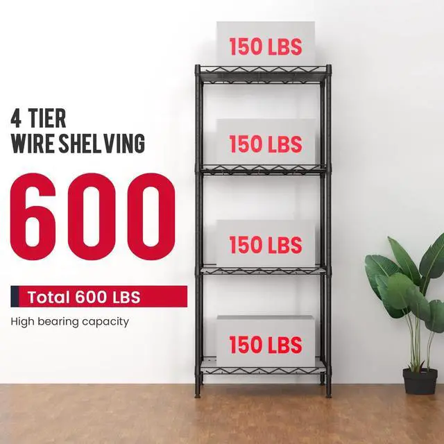 Alt view image 5 of 7 - BestOffice 4-Shelf Adjustable Storage Shelving Unit Metal Rack Wire Shelf 600Lbs Capacity with 4 PP Sheets 18L x 12W x 44H for Laundry Bathroom Kitchen Garage,Black