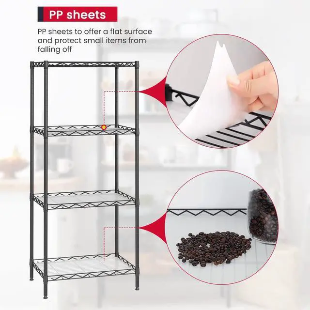 Alt view image 6 of 7 - BestOffice 4-Shelf Adjustable Storage Shelving Unit Metal Rack Wire Shelf 600Lbs Capacity with 4 PP Sheets 18L x 12W x 44H for Laundry Bathroom Kitchen Garage,Black
