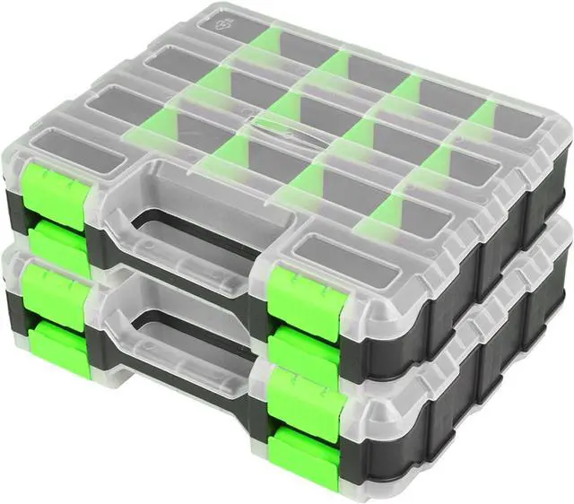 Main image of Jack Boss Tool Box with Transparent Lid, Double Side 34-Compartments Organizer Box with Removable Dividers for Hardware, Screws, Bolts, Nails, Beads, Jewelry and Fishing Accessories, Green, 2 Pack
