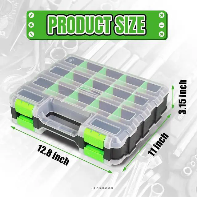 Alt view image 2 of 7 - Jack Boss Tool Box with Transparent Lid, Double Side 34-Compartments Organizer Box with Removable Dividers for Hardware, Screws, Bolts, Nails, Beads, Jewelry and Fishing Accessories, Green, 2 Pack