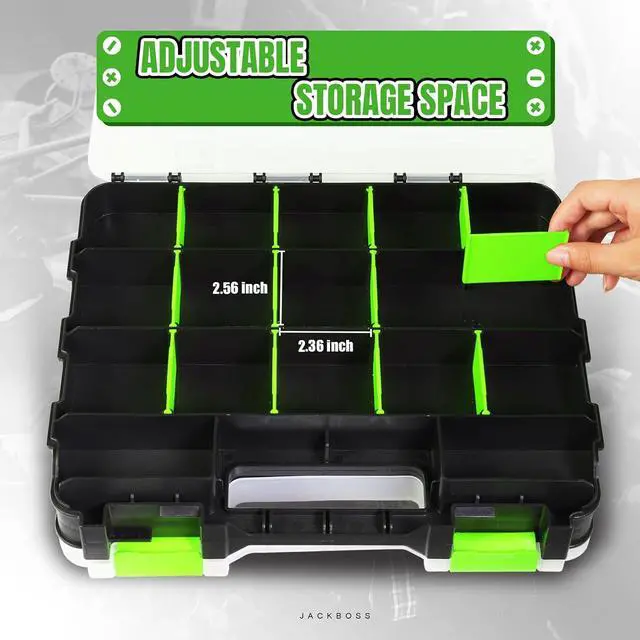 Alt view image 3 of 7 - Jack Boss Tool Box with Transparent Lid, Double Side 34-Compartments Organizer Box with Removable Dividers for Hardware, Screws, Bolts, Nails, Beads, Jewelry and Fishing Accessories, Green, 2 Pack