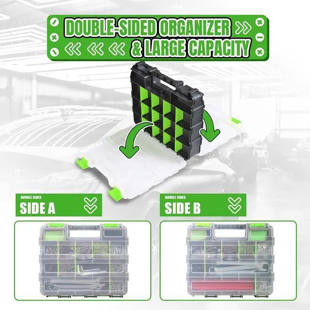 Alt view image 6 of 7 - Jack Boss Tool Box with Transparent Lid, Double Side 34-Compartments Organizer Box with Removable Dividers for Hardware, Screws, Bolts, Nails, Beads, Jewelry and Fishing Accessories, Green, 2 Pack
